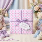 Pastel cross baptism wrapping paper with purple ribbon for baby shower gifts by Wrapped Studios.