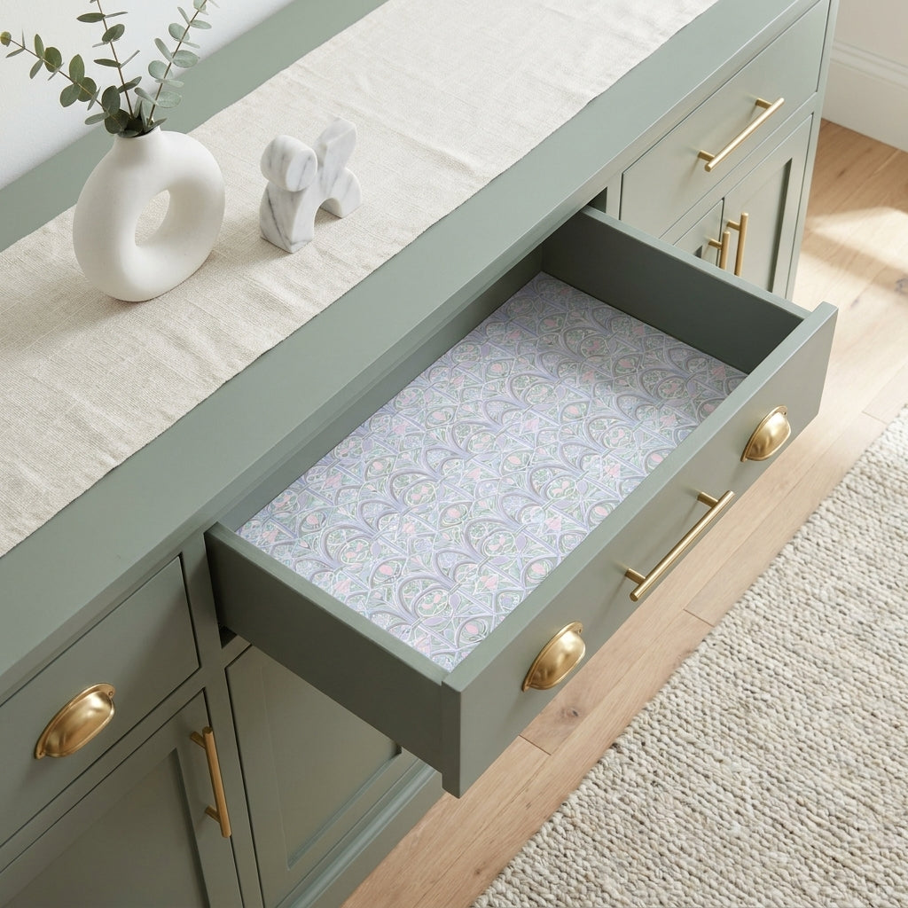Art Nouveau floral wrapping paper used as a drawer liner in a sage green dresser by Wrapped Studios.