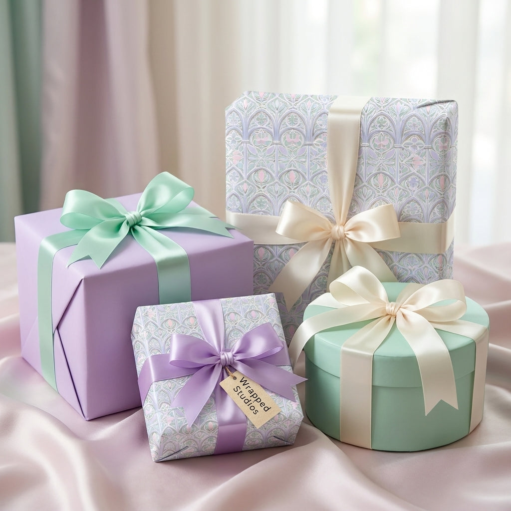Pastel lilac and mint vintage wrapping paper with satin ribbons by Wrapped Studios, ideal for elegant gifts.