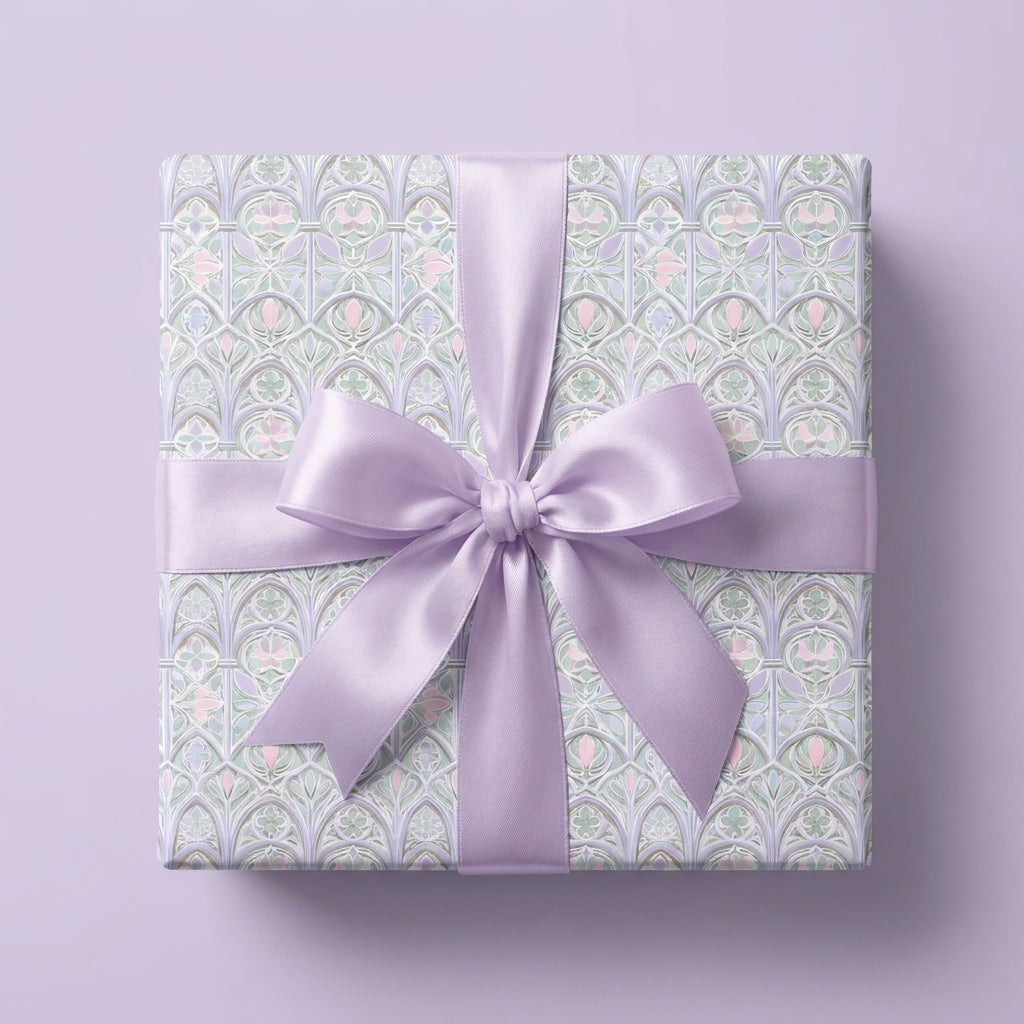 Elegant pastel Art Nouveau floral wrapping paper with lavender satin bow by Wrapped Studios.