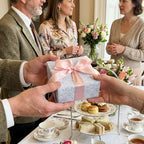 Elegant vintage gift wrap in pastel pink and blue with a satin ribbon bow, by Wrapped Studios.