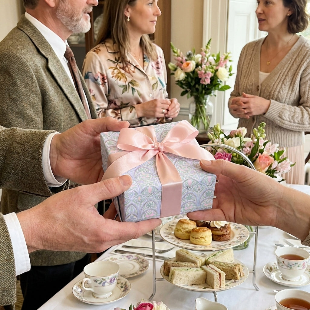 Elegant vintage gift wrap in pastel pink and blue with a satin ribbon bow, by Wrapped Studios.