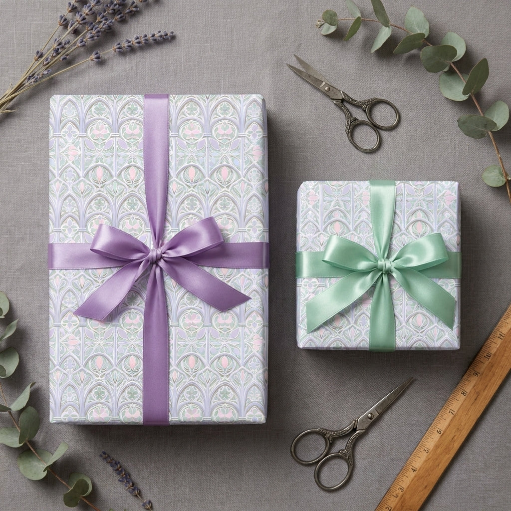 Elegant floral wrapping paper in pastel purple and green with satin bows by Wrapped Studios.