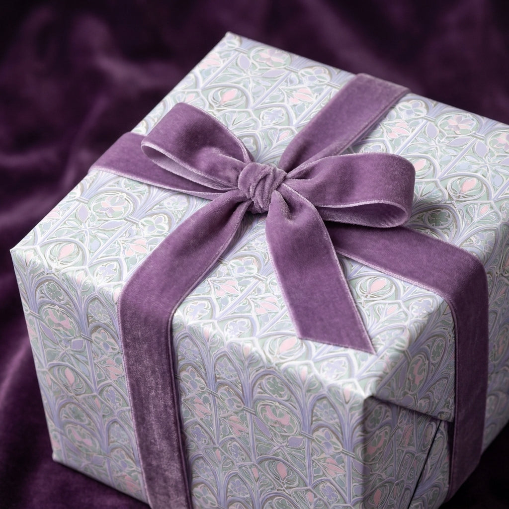 Luxury vintage floral wrapping paper with a purple velvet bow on a gift box by Wrapped Studios.
