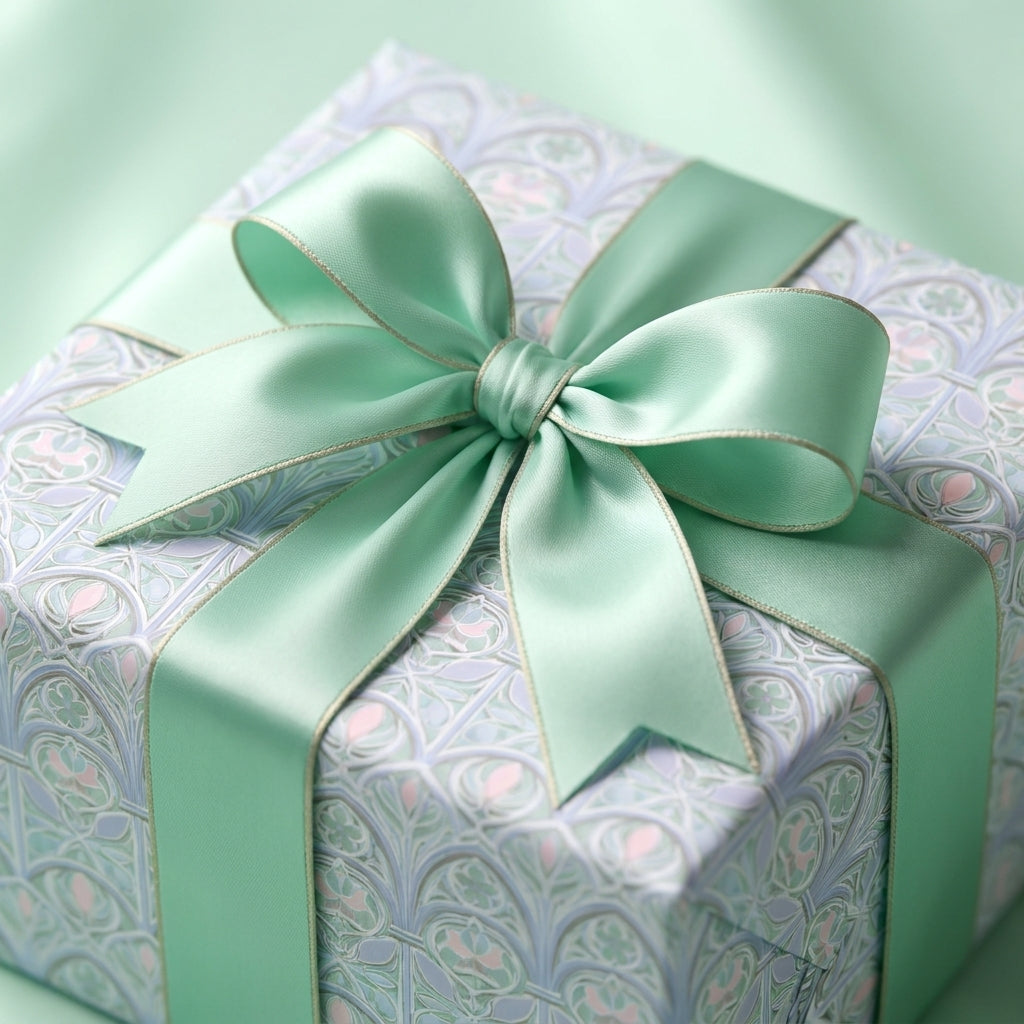 Luxury mint green pastel floral wrapping paper with a satin bow by Wrapped Studios.
