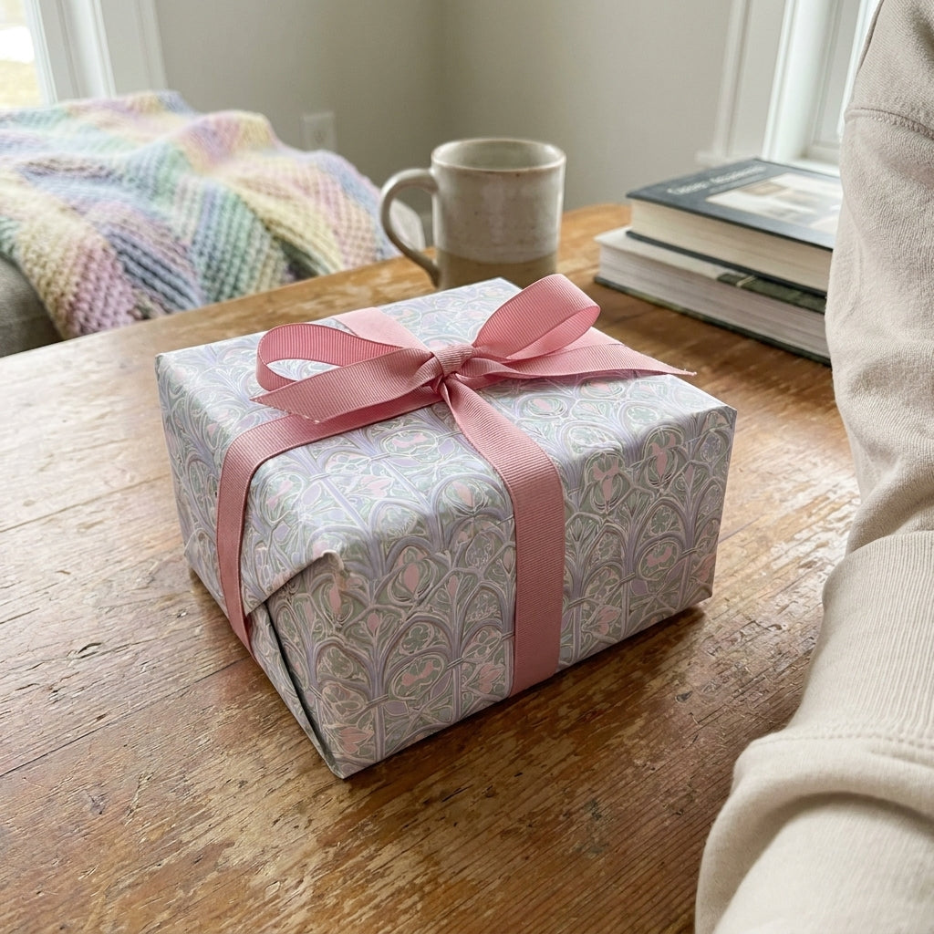 Pastel vintage floral wrapping paper with a pink ribbon on a gift box. Wrapped Studios.