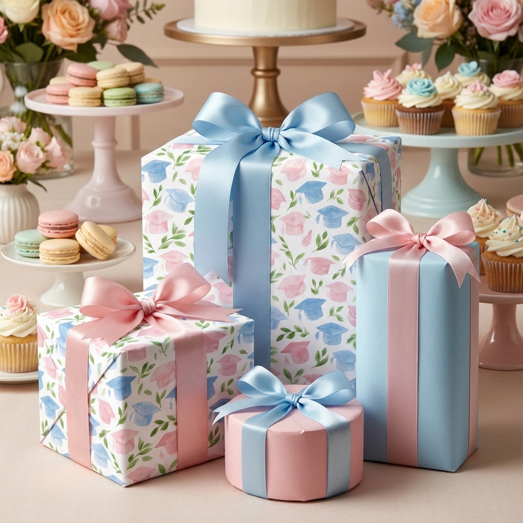 Watercolor graduation wrapping paper with pink and blue caps on gifts by Wrapped Studios.