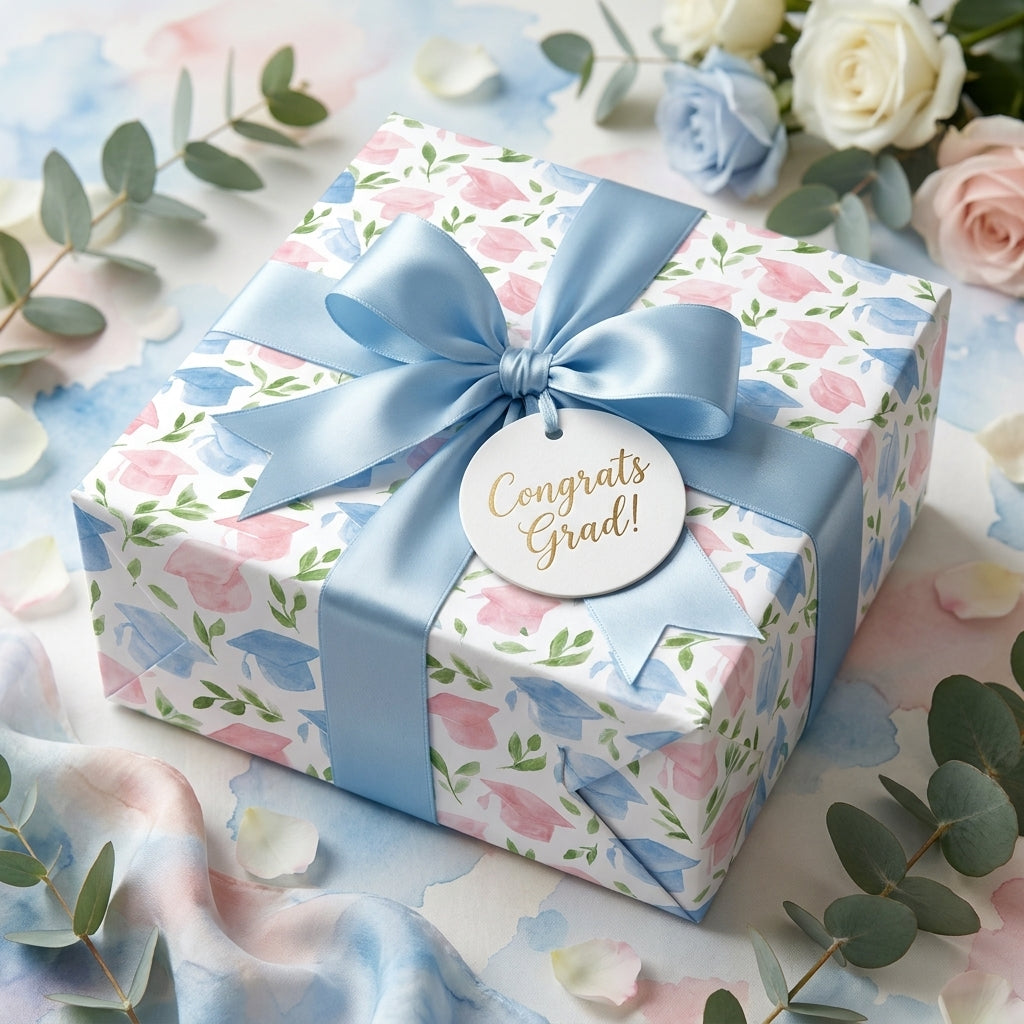 Watercolor graduation wrapping paper with blue ribbon and congrats grad tag by Wrapped Studios.