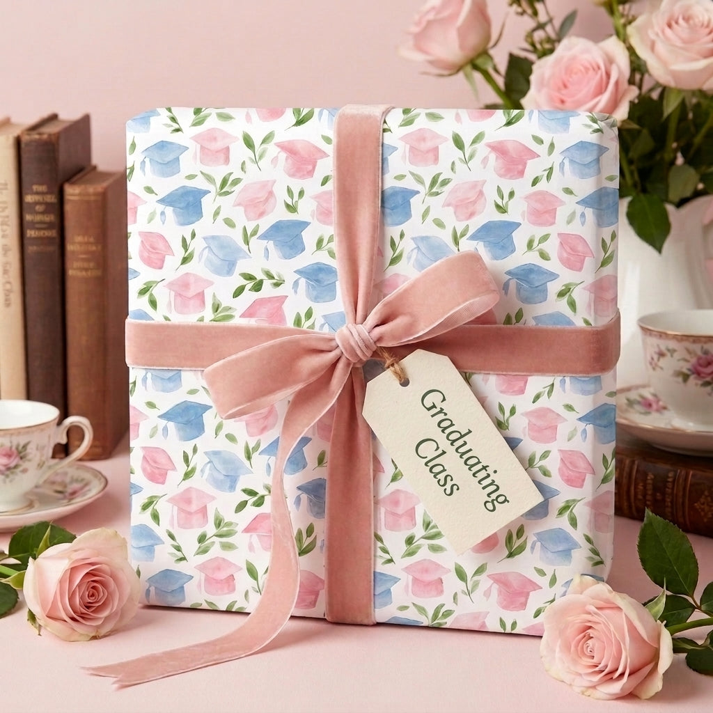 Graduation wrapping paper with pink and blue watercolor caps and velvet ribbon by Wrapped Studios.