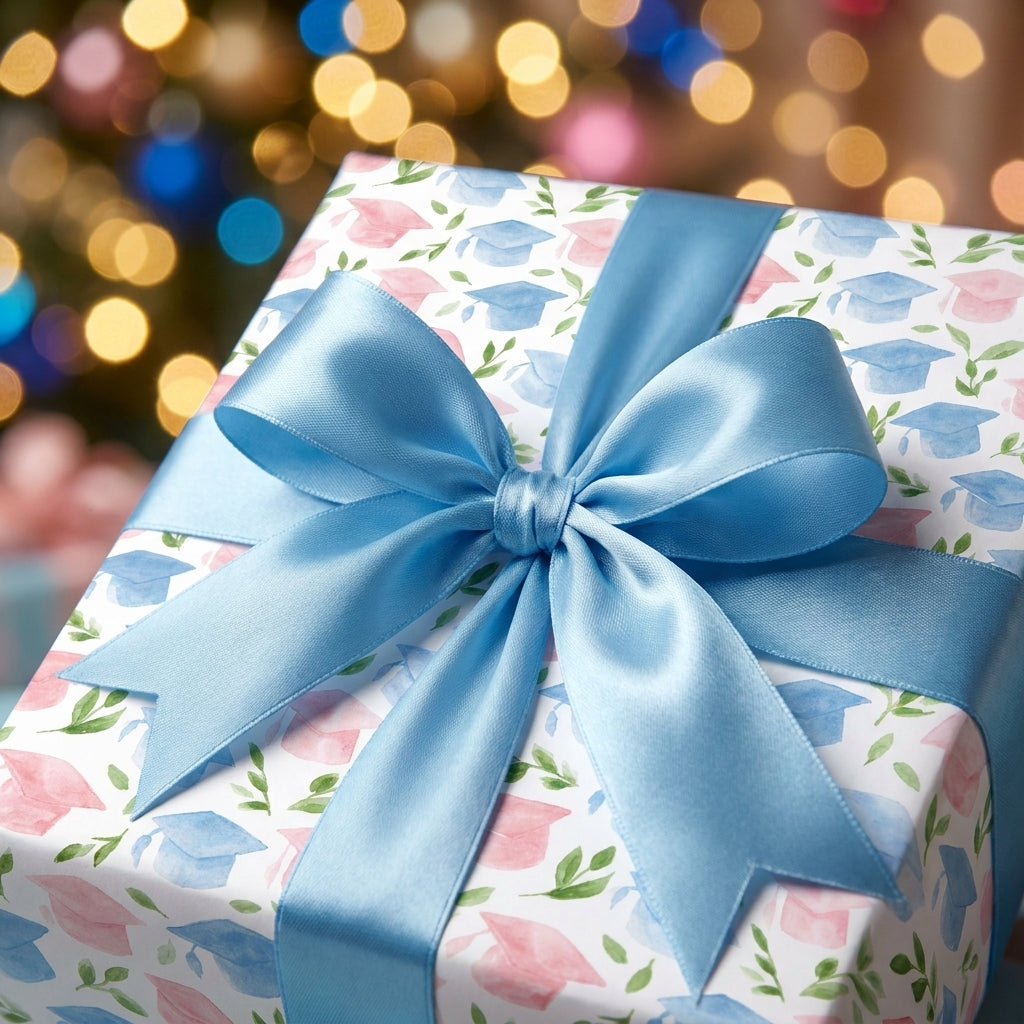 Graduation wrapping paper with watercolor pink and blue caps and a blue satin bow by Wrapped Studios.