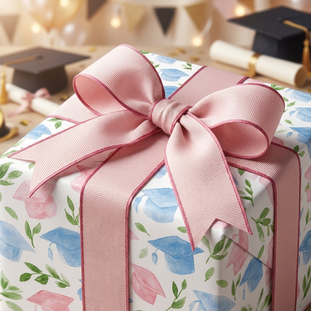 Watercolor graduation wrapping paper with pink and blue caps and a pink grosgrain bow by Wrapped Studios.