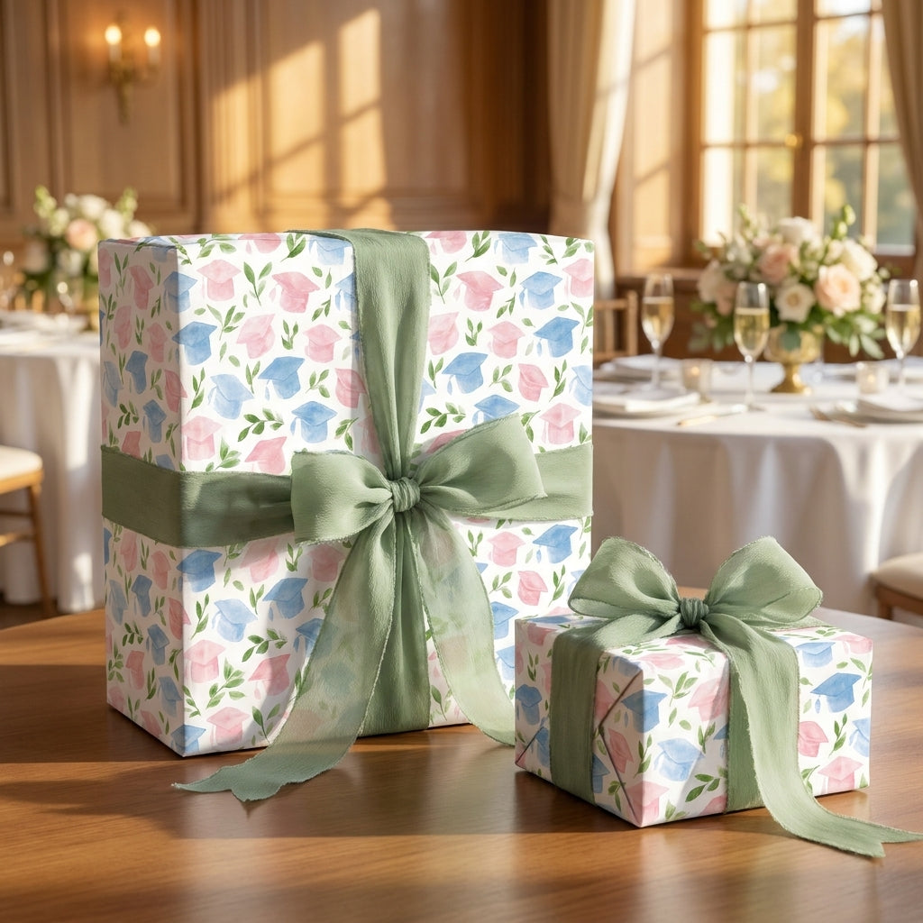 Watercolor graduation wrapping paper with pink and blue caps and sage green bows by Wrapped Studios.