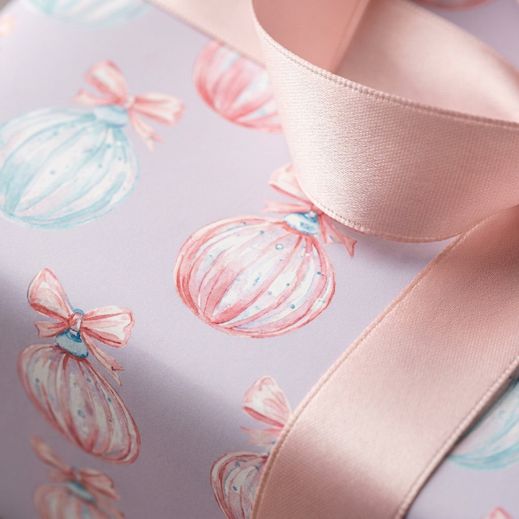 Pastel Christmas wrapping paper with watercolor ornaments and pink satin ribbon by Wrapped Studios.