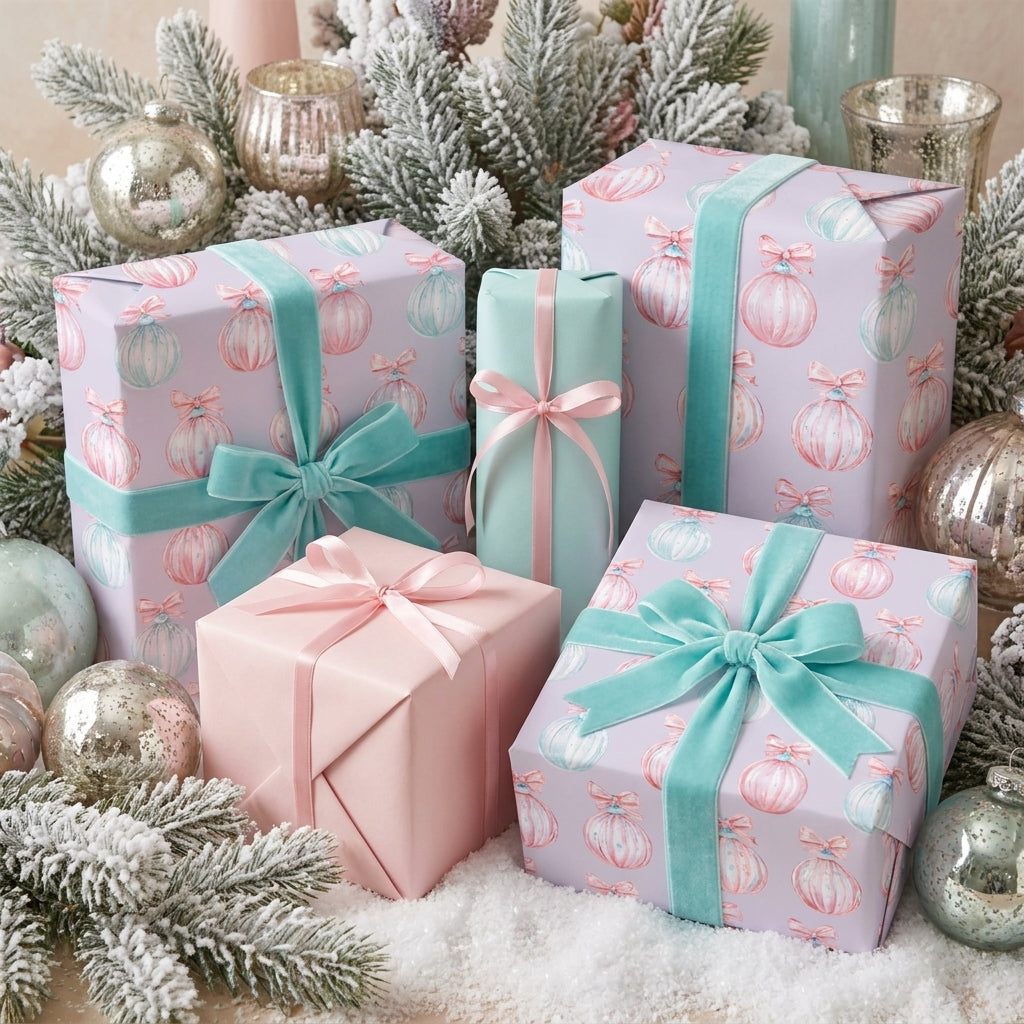 Pastel Christmas wrapping paper with holiday ornament illustrations and velvet bows by Wrapped Studios.