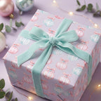 Luxury pastel Christmas wrapping paper with pink ornaments and mint velvet ribbon by Wrapped Studios.