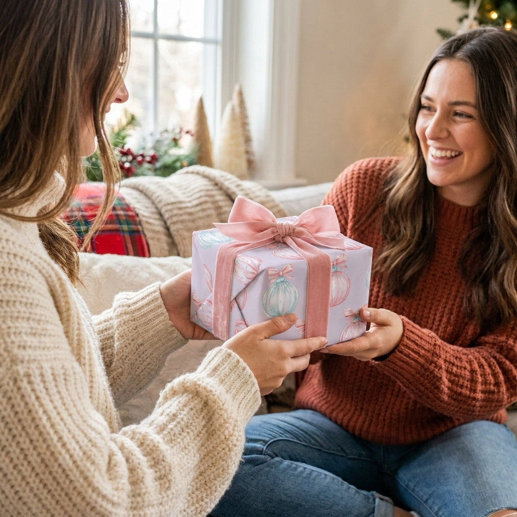 Friends exchange a gift in pastel Christmas wrapping paper with a pink velvet ribbon by Wrapped Studios.
