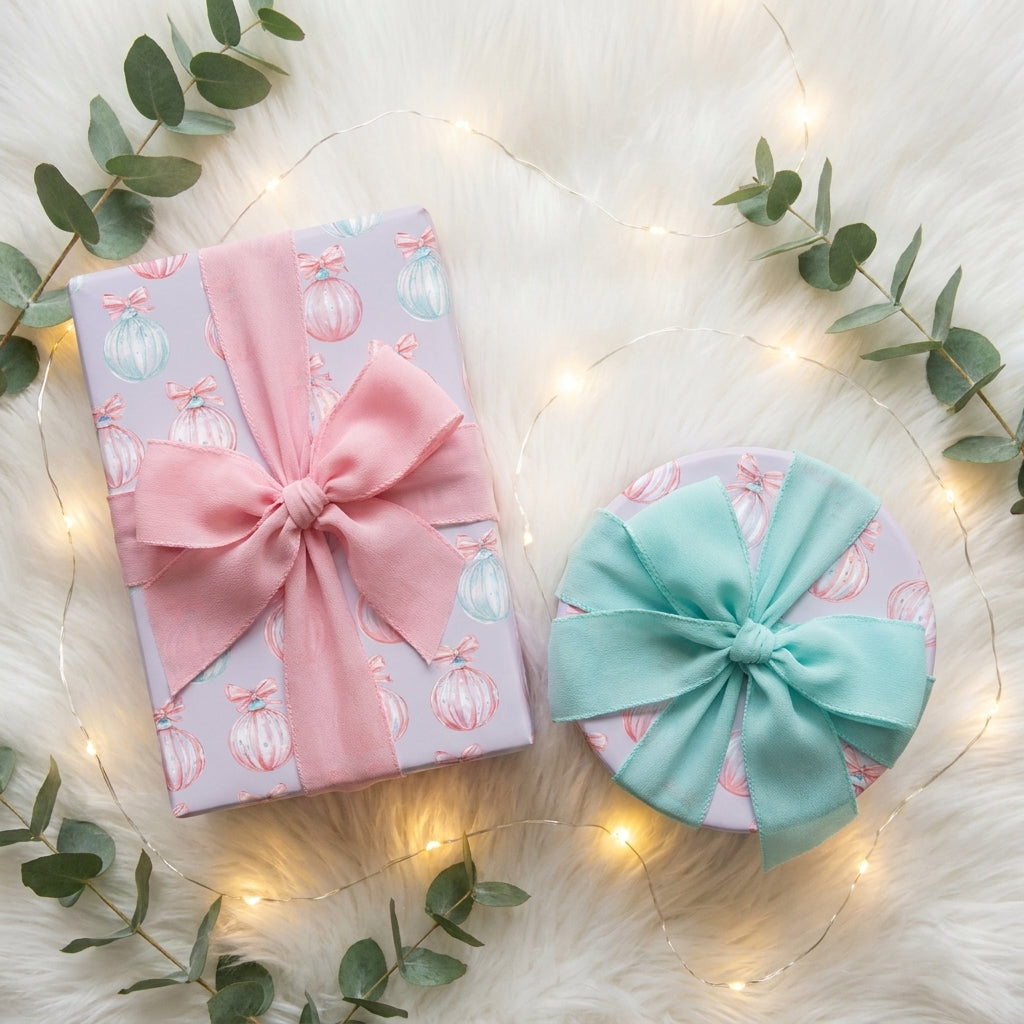 Pastel Christmas wrapping paper with ornament pattern on gifts with luxury bows by Wrapped Studios.