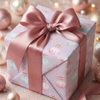 Pastel Christmas wrapping paper with watercolor ornaments and a pink satin bow by Wrapped Studios.