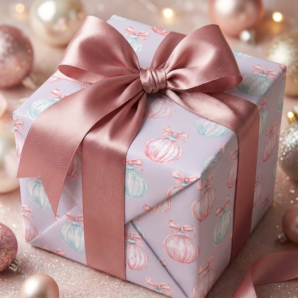 Pastel Christmas wrapping paper with watercolor ornaments and a pink satin bow by Wrapped Studios.