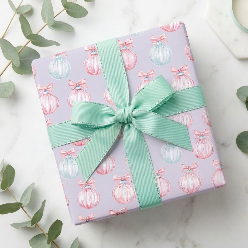 Pastel Christmas wrapping paper with watercolor ornament pattern and mint green ribbon by Wrapped Studios.