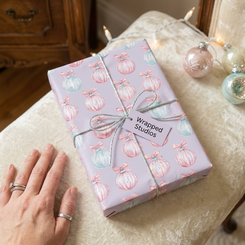 Cute pastel Christmas wrapping paper with watercolor ornaments and silver bow by Wrapped Studios.