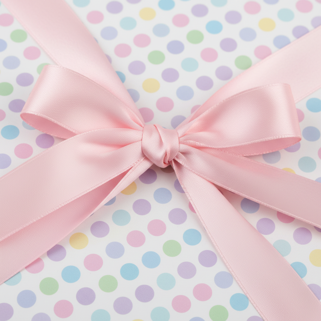Pastel polka dot wrapping paper with a pink satin ribbon bow, ideal baby shower gift wrap.