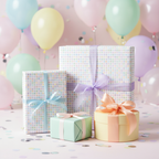 Pastel polka dot birthday wrapping paper with ribbon bows and colorful balloons.