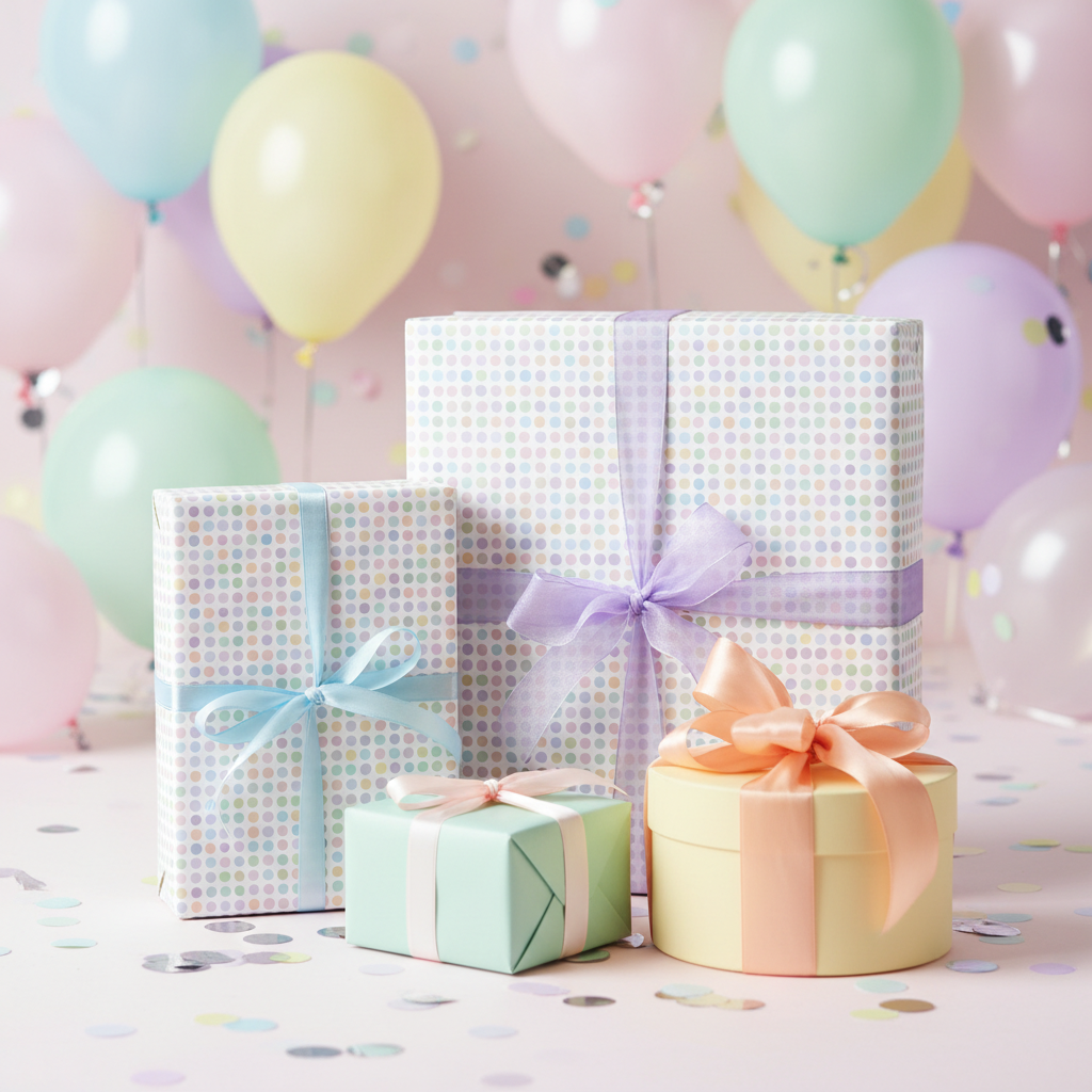 Pastel polka dot birthday wrapping paper with ribbon bows and colorful balloons.