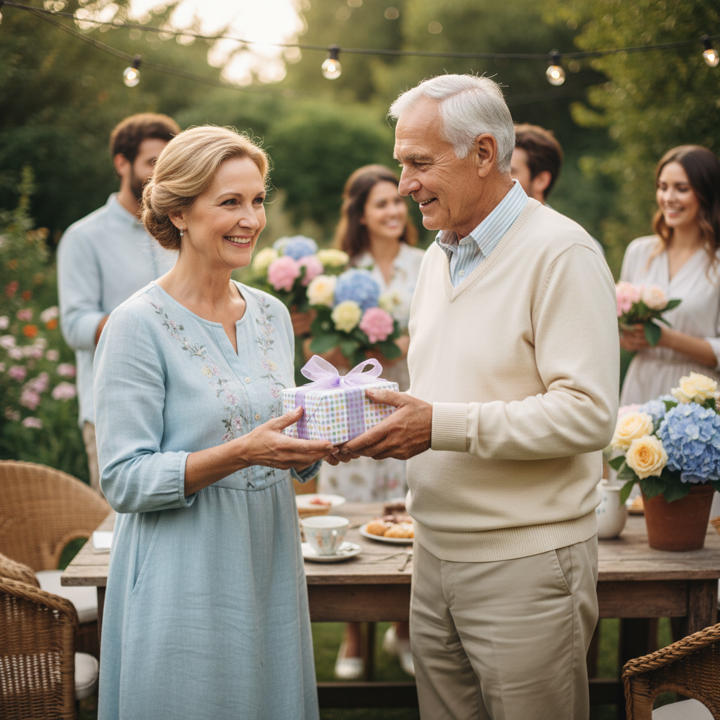 Woman receiving gift wrapped in pastel birthday wrapping paper with lilac ribbon.