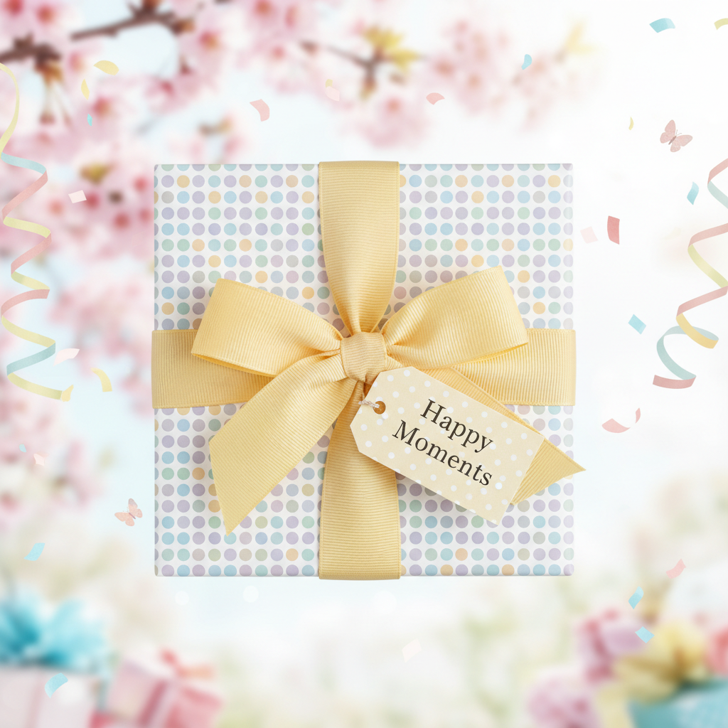 Pastel polka dot wrapping paper with yellow ribbon, a charming gift wrap for birthdays or baby showers.