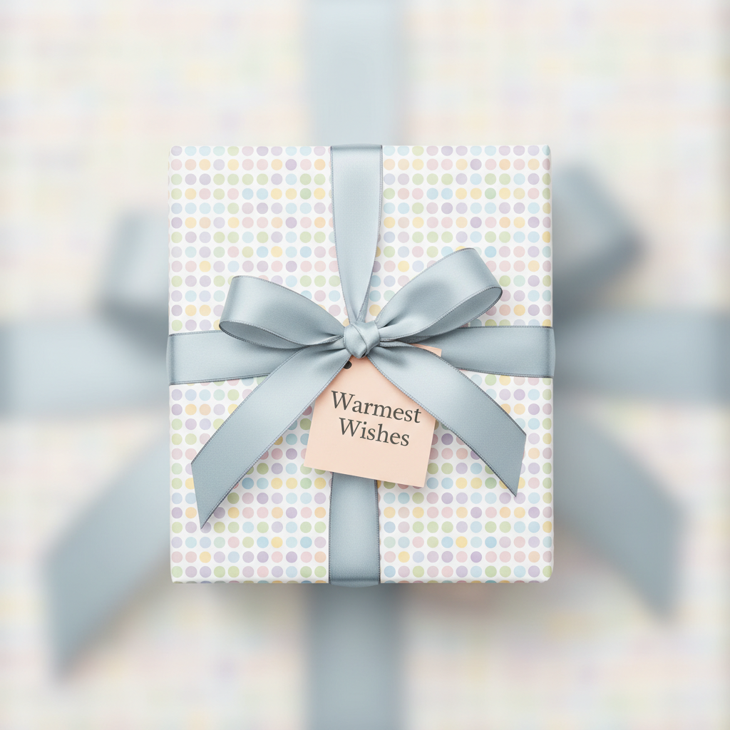 Gift box in pastel polka dot wrapping paper with gray satin bow and "Warmest Wishes" tag.