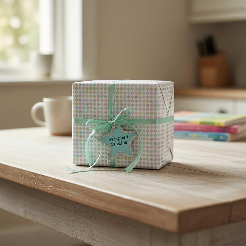Pastel polka dot birthday wrapping paper with mint ribbon and star tag on a wooden table.