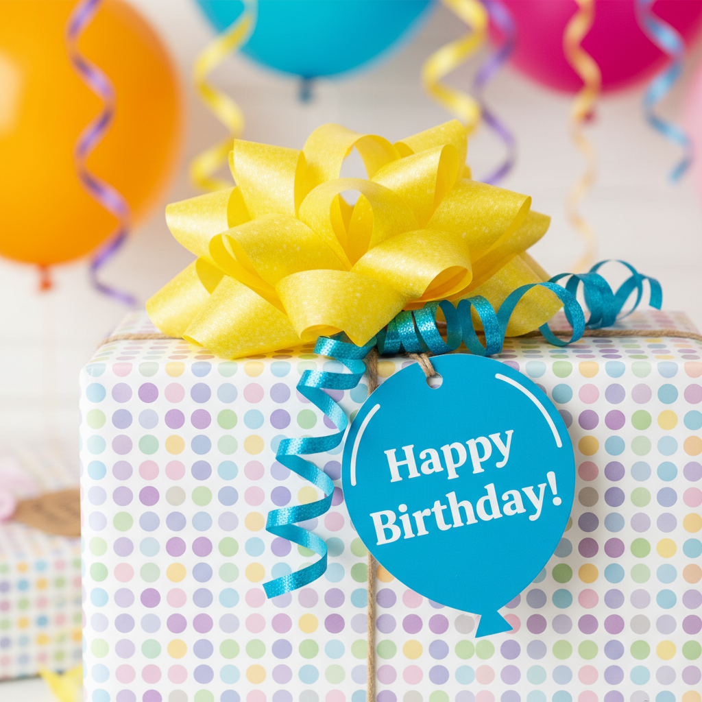 Polka dot birthday wrapping paper with yellow ribbon and balloon gift tag.