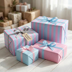 Pink and blue striped baby shower wrapping paper on gift boxes by Wrapped Studios.