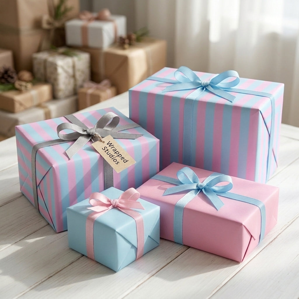 Pink and blue striped baby shower wrapping paper on gift boxes by Wrapped Studios.