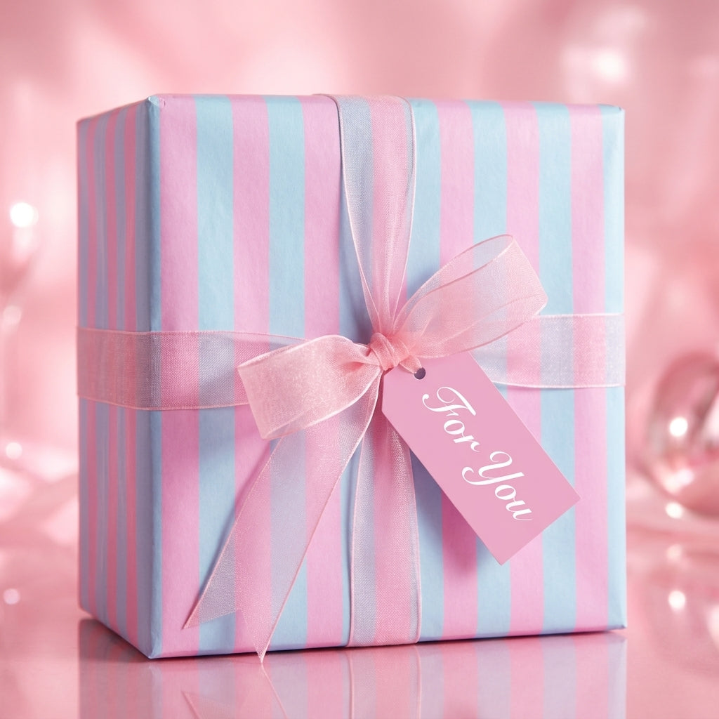 Pastel pink and blue striped baby shower wrapping paper with a sheer bow and 'For You' tag, by Wrapped Studios.