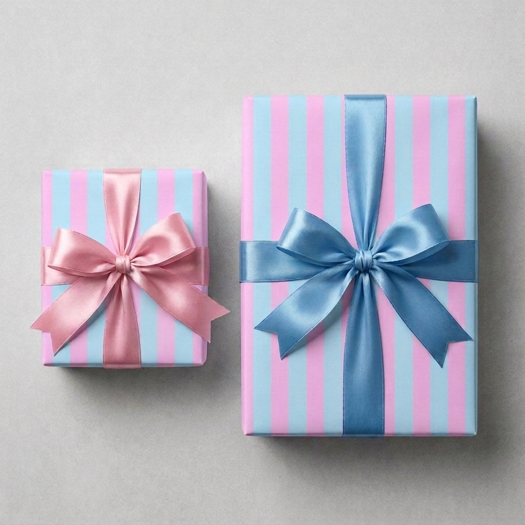 Pastel pink and blue striped baby shower gift wrap with satin bows, by Wrapped Studios.