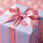 Pink and blue striped birthday wrapping paper with a satin bow and love heart tag by Wrapped Studios.