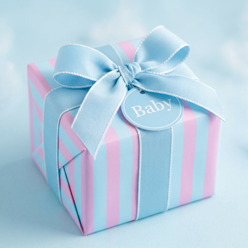Pink and blue striped baby wrapping paper with a light blue ribbon bow and tag by Wrapped Studios.