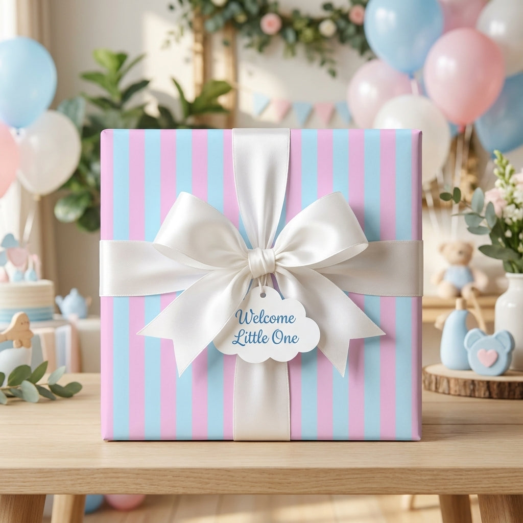 Pink and blue striped baby shower wrapping paper with white bow and Welcome Little One tag by Wrapped Studios.