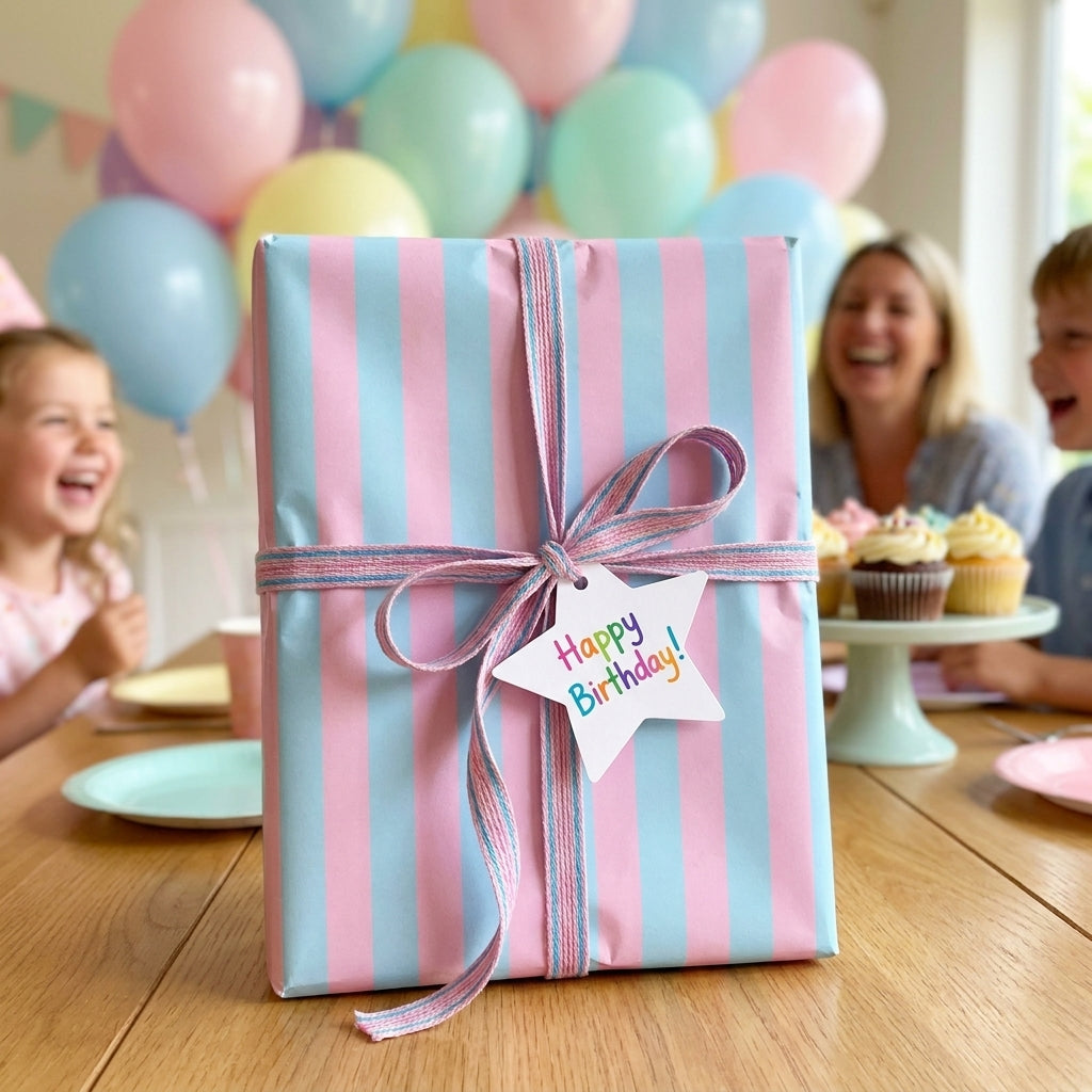 Pastel pink and blue striped birthday wrapping paper with ribbon and Happy Birthday tag by Wrapped Studios.
