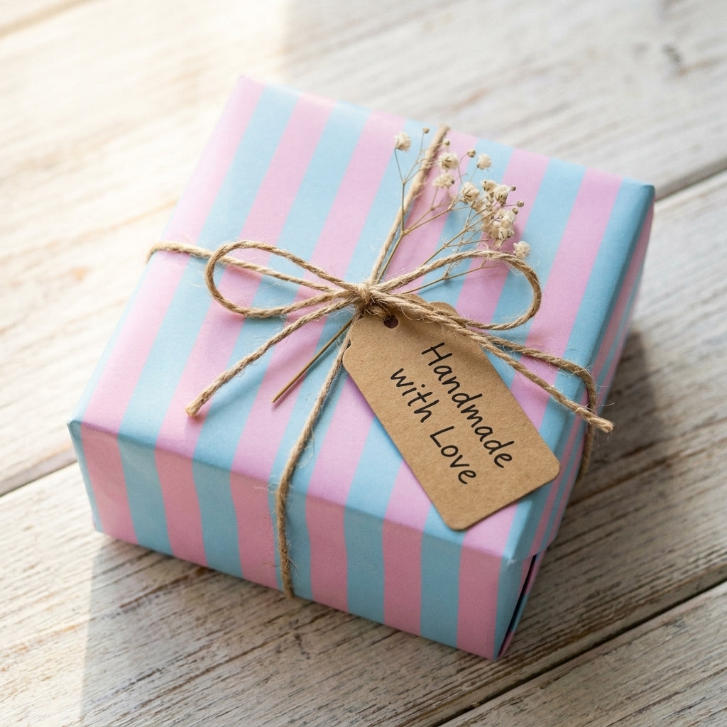 Pastel pink and blue striped wrapping paper on a gift box with a twine bow, by Wrapped Studios.