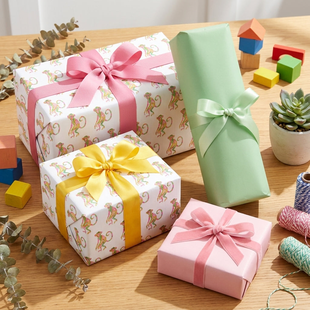 Playful monkey wrapping paper and pastel baby shower gift wrap with satin ribbons by Wrapped Studios.