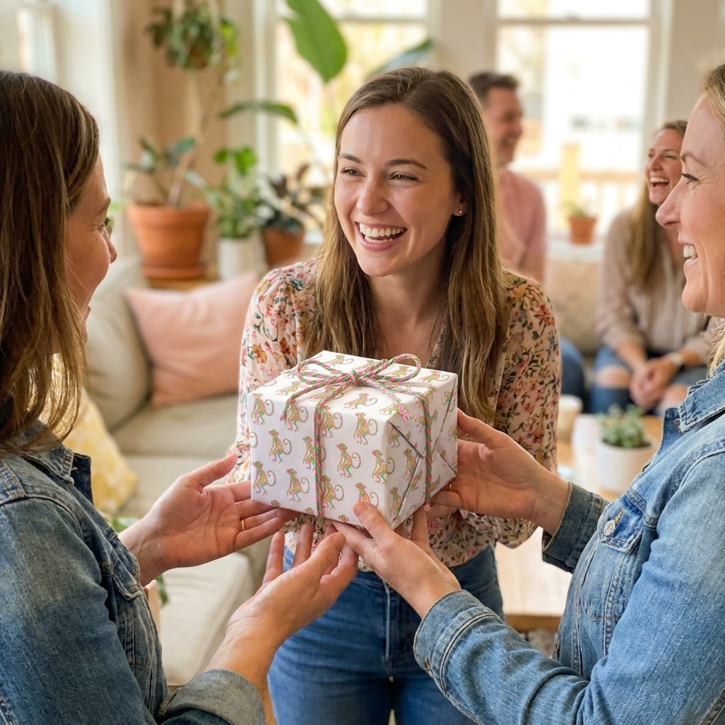 Playful monkey wrapping paper by Wrapped Studios on a birthday gift shared among smiling friends.