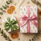 Monkey wrapping paper by Wrapped Studios on birthday gifts with pink and green satin bows.