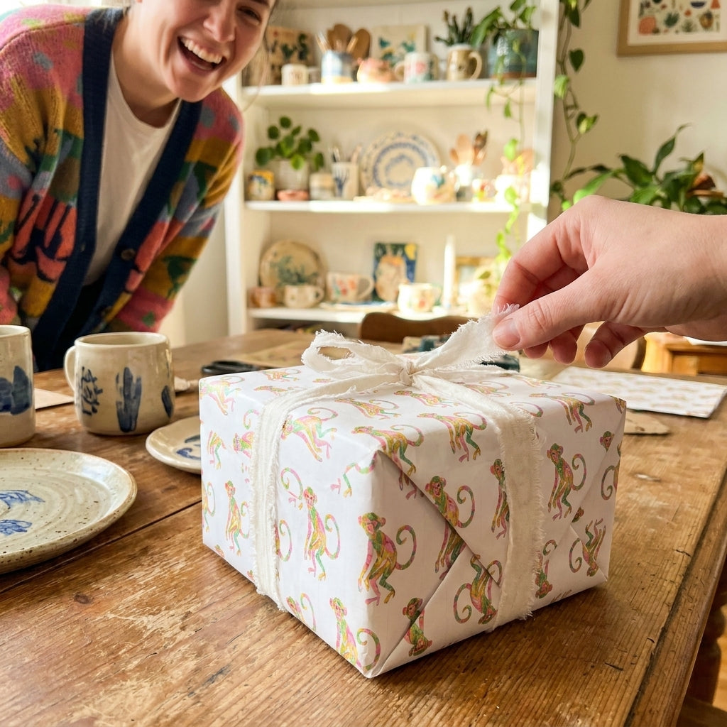 Cute monkey wrapping paper with white ribbon on a wooden table, perfect for birthday gifts by Wrapped Studios.