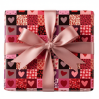 Modern patchwork hearts wrapping paper with a pink ribbon and bow, ideal for Valentine's Day or anniversary gifts.