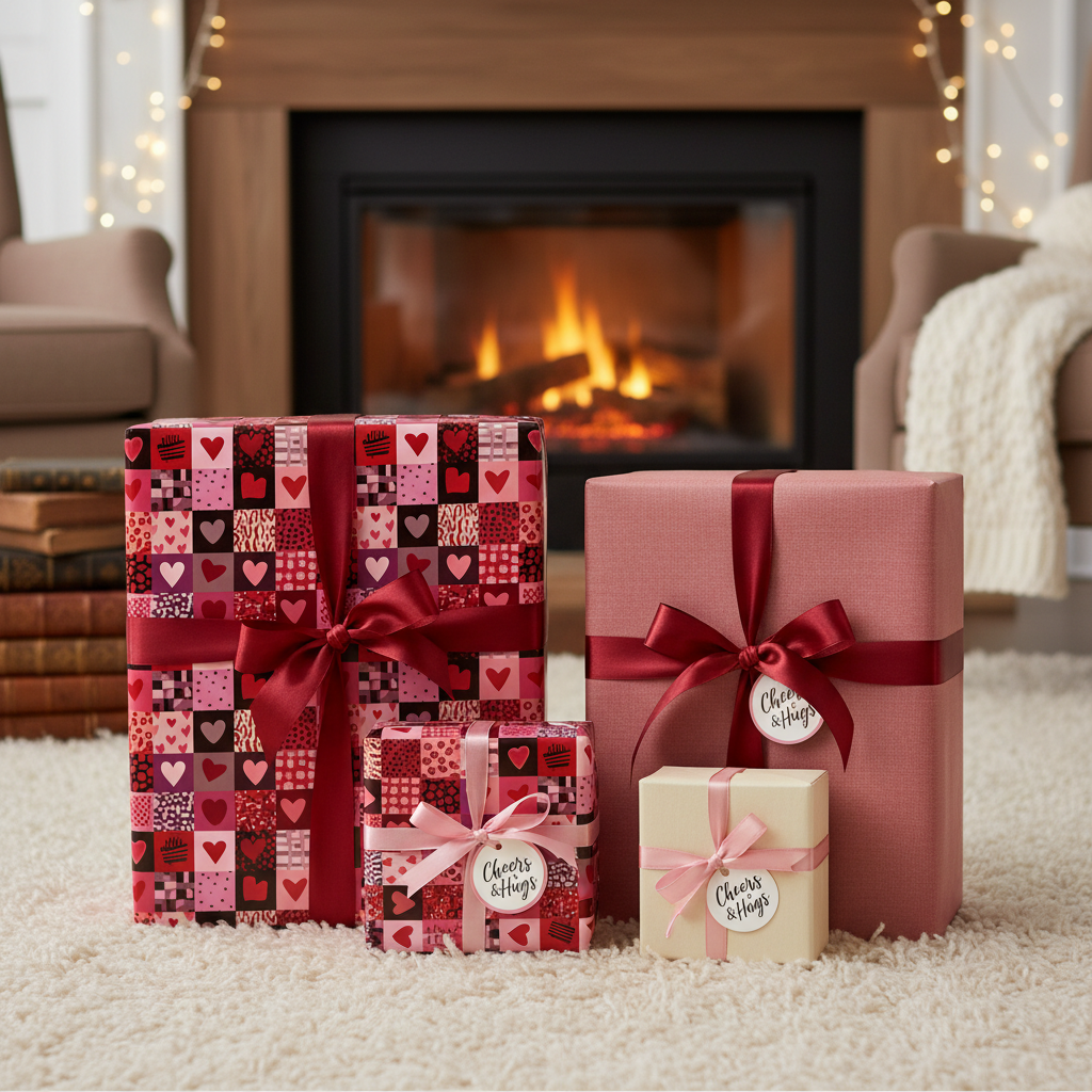 Red and pink hearts patchwork wrapping paper gifts with satin ribbons and bows, perfect for Valentine's Day or anniversary presents by a cozy fireplace.