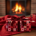Valentine's Day gift wrapped in modern red and pink heart pattern paper with a velvet burgundy bow, on a cozy knit blanket by a fireplace.