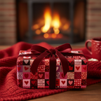 Valentine's Day gift wrapped in modern red and pink heart pattern paper with a velvet burgundy bow, on a cozy knit blanket by a fireplace.